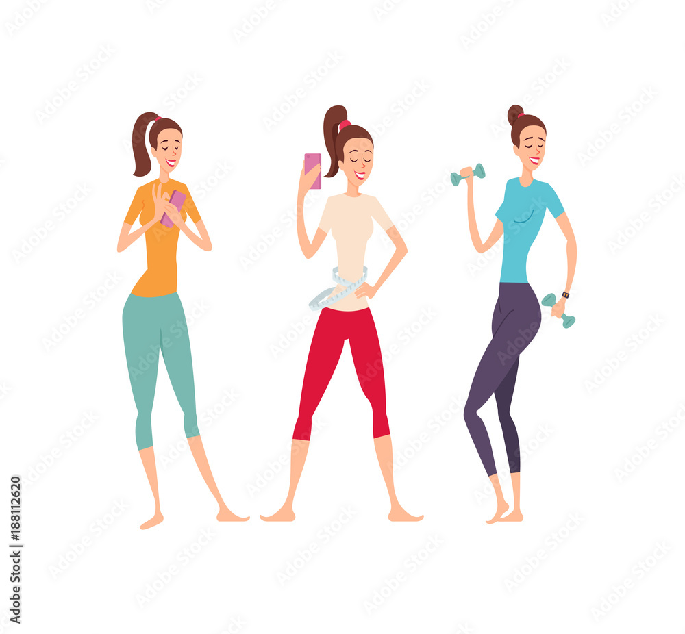 Three shapely friends with fitness gadgets posing and showing their excellent body. Three shapely friends with fitness gadgets posing and showing their excellent body.