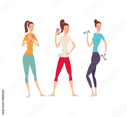 Three shapely friends with fitness gadgets posing and showing their excellent body.
