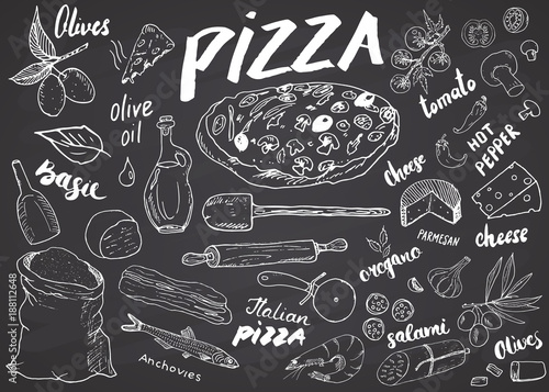 Pizza menu hand drawn sketch set. Pizza preparation design template with cheese, olives, salami, mushrooms, tomatoes, flour and other ingredients. vector illustration on chalkboard background