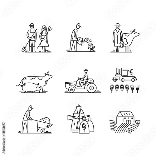 Line icons farming and agriculture Agronomy symbols, people, animals, farm field, agricultural equipment, tractor transport
