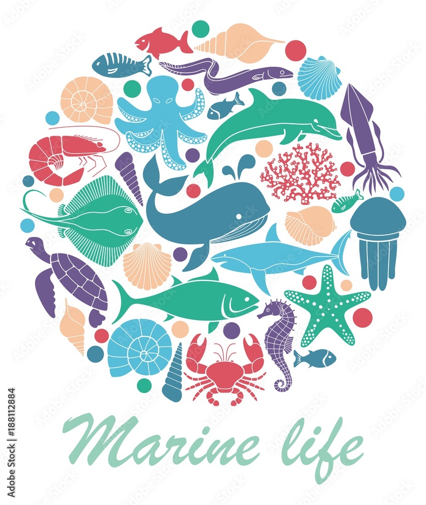 Obraz premium Marine life icons in the form of a circle
