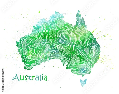 Hand drawn watercolor map of Australia with drawings by Australians. Abstract stylization