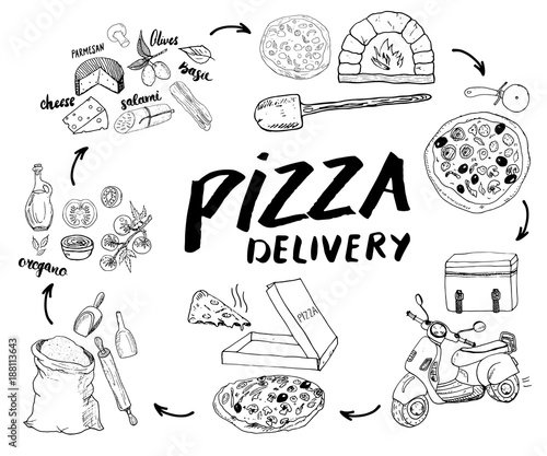 Pizza hand drawn sketch set. Pizza preparation and delivery process with flour and other food ingredients, paper box, oven and kitchen tools, scooter, pizza bag design template. Vector illustration
