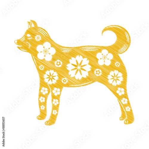 Yellow dog with oriental flowers - icon. Vector. 