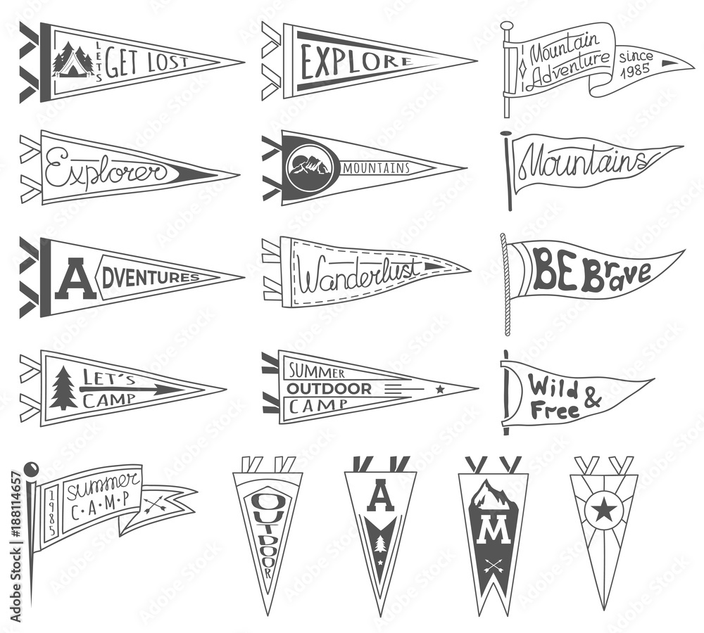 Fototapeta premium Set of adventure, outdoors, camping pennants. Retro monochrome labels. Hand drawn wanderlust style. Pennant travel flags design