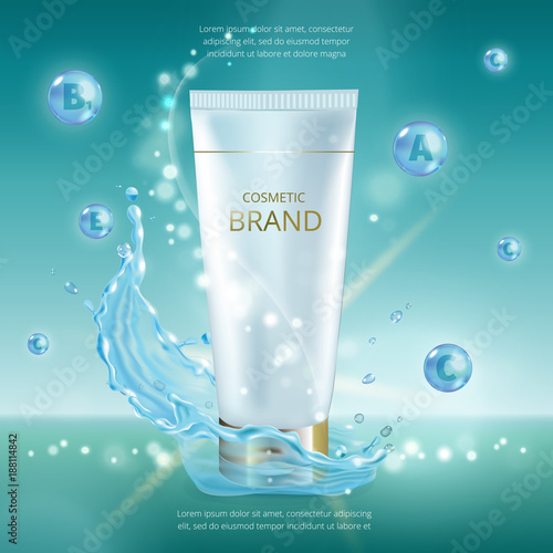 Cream with vitamins, serum and coenzyme Q10. Cosmetic ads template. Stock vector illustration.