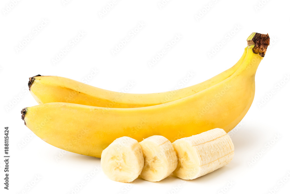 Two ripe bananas, and cut a piece of peeled banana on a white, isolated. - obrazy, fototapety, plakaty 