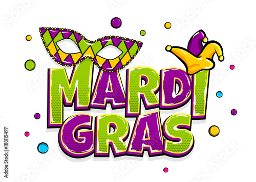Comics text black mask isolated. Colored pearls shimmer random falling. Mardi Gras - Fat Tuesday carnival carnival in a French-speaking country. Comic book cartoon vector illustration pop art.