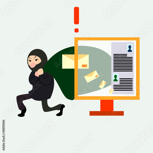 The hacker steals information from the computer, information security, data protection