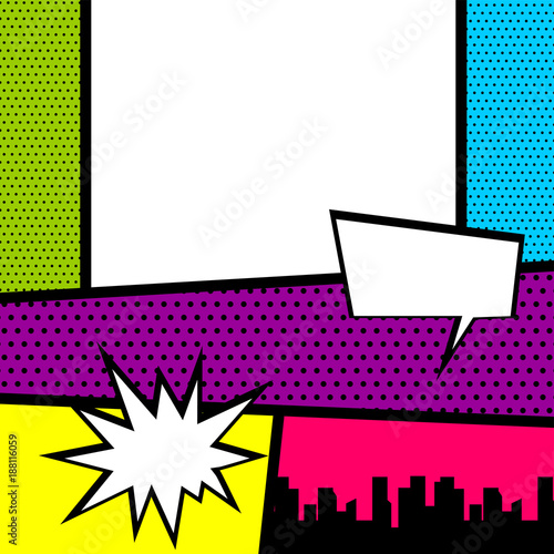 Text speech bubble balloon, box message, burst bomb. Vector colored halftone illustration. Blank humor graphic. Cartoon funny vintage strip comic city view. Pop art comics book magazine cover template