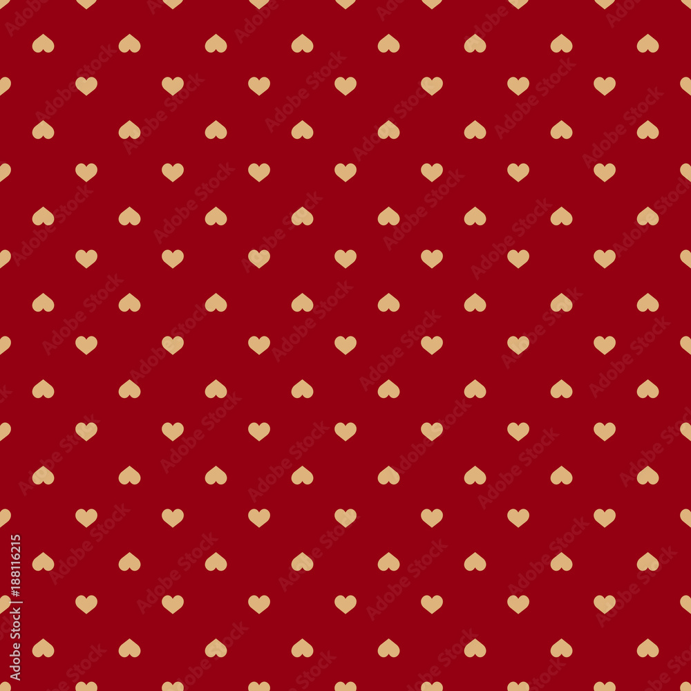 Seamless pattern with gold hearts on red background. Vector