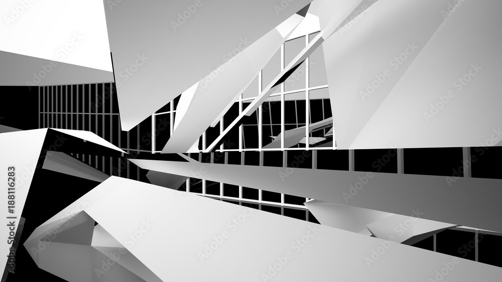 Abstract white and black interior multilevel public space with window. 3D illustration and rendering. Abstract white and black interior multilevel public space with window. 3D illustration and rendering.