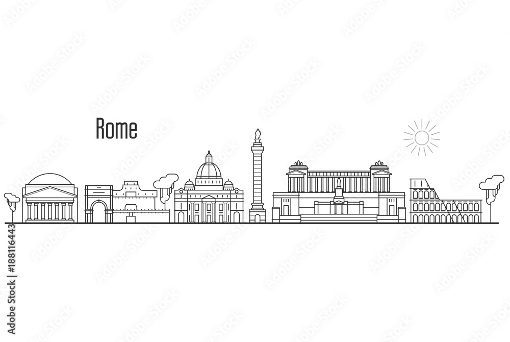 Rome and Vatican city skyline - cityscape with landmarks in liner style