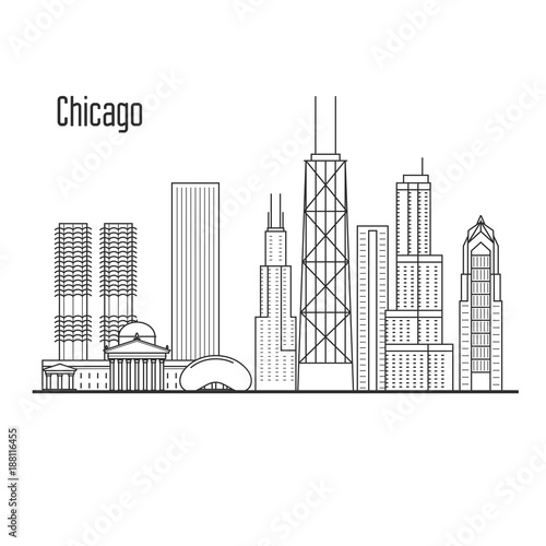 Chicago skyline - downtown cityscape, city landmarks in liner style
