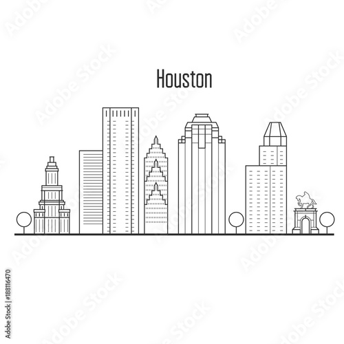 Houston skyline - downtown cityscape, city landmarks in liner style