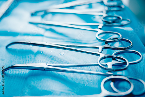Surgical equipment and medical devices in operating room.