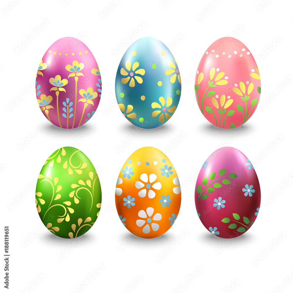 Set of colorful Easter eggs isolated on white background. Paschal eggs decorated with flower  pattern. Vector illustration.