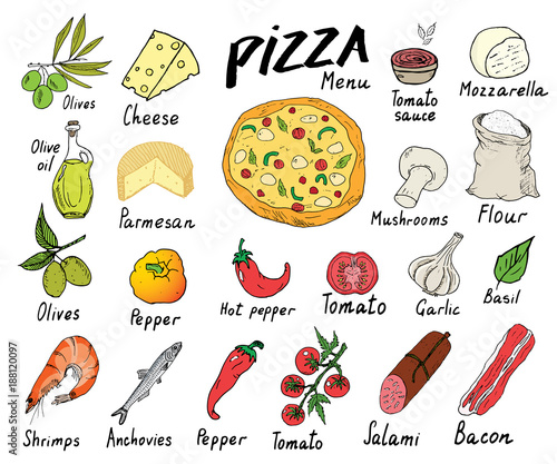 Pizza menu hand drawn sketch set. Pizza preparation design template with cheese, olives, salami, mushrooms, tomatoes, flour and other ingredients. vector illustration isolated on white background