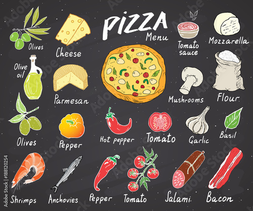 Pizza menu hand drawn sketch set. Pizza preparation design template with cheese, olives, salami, mushrooms, tomatoes, flour and other ingredients. vector illustration on chalkboard background