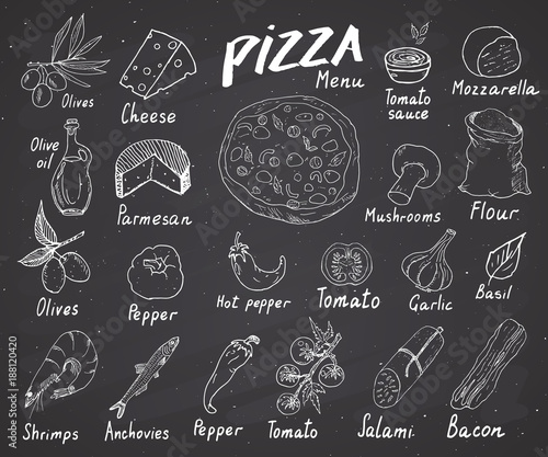 Pizza menu hand drawn sketch set. Pizza preparation design template with cheese, olives, salami, mushrooms, tomatoes, flour and other ingredients. vector illustration on chalkboard background