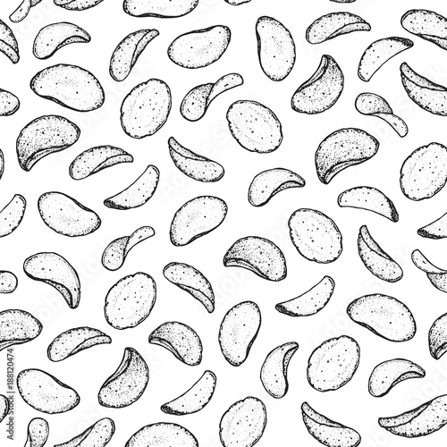 Potato chips seamless pattern. Hand drawn vector illustration. Food background, engraved style. Linear graphic.