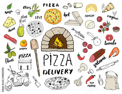 Pizza menu hand drawn sketch set. Pizza preparation and delivery doodles with flour and other food ingredients, oven and kitchen tools, scooter, pizza box design template. Vector illustration