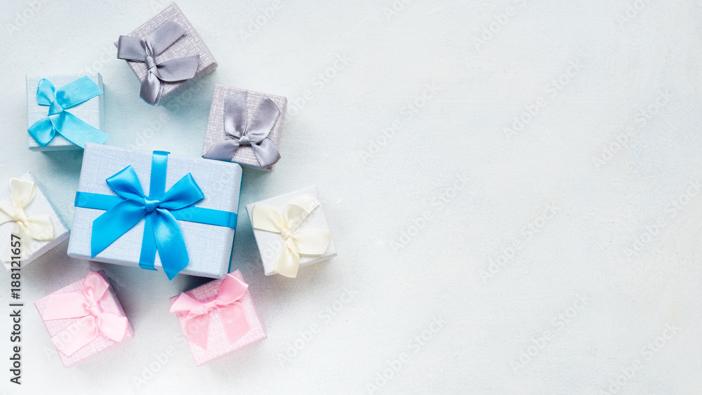 Seasonal gifts sale. Holiday shopping. Buy great presents at discount. Festive boxes on white background Seasonal gifts sale. Holiday shopping. Buy great presents at discount. Festive boxes on white background