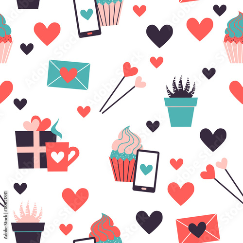 Seamless pattern of valentine day icons collection. Set of flat illustrations with heart, gift, cupcake, flower, envelope. Modern colors vector design.