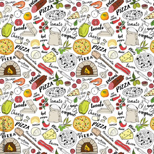 Pizza seamless pattern hand drawn sketch. Pizza Doodles Food background with flour and other food ingredients, oven and kitchen tools. Vector illustration