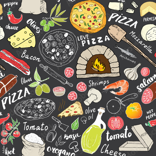 Pizza seamless pattern hand drawn sketch. Pizza Doodles Food background with flour and other food ingredients, oven and kitchen tools. Vector illustration