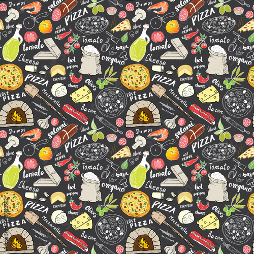 Pizza seamless pattern hand drawn sketch. Pizza Doodles Food background with flour and other food ingredients, oven and kitchen tools. Vector illustration