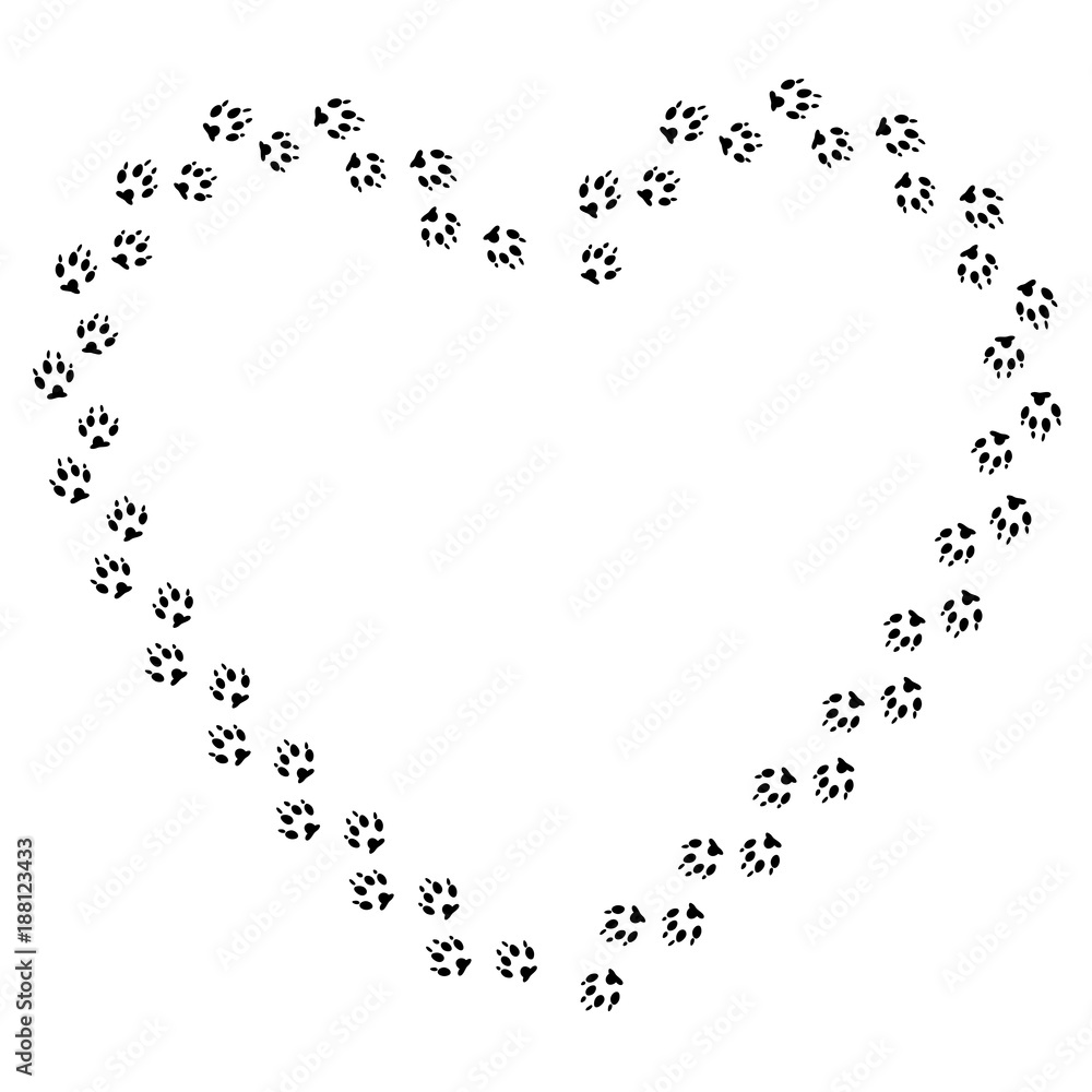 Heart frame with black dog track isolated on white background. Animal footprint silhouette. Border with pet paw print. Heart frame with black dog track isolated on white background. Animal footprint silhouette. Border with pet paw print.
