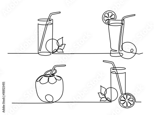 Set continuous line drawing. Lemonade in a glass with lemon and orange. Vector illustration black line on white background.