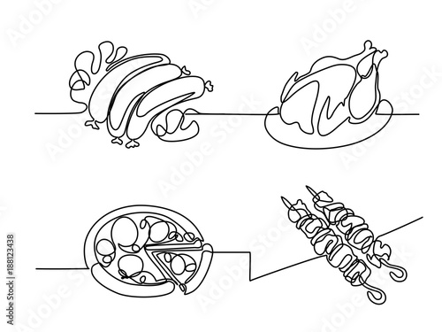 Set continuous line drawing. Fried Sausages with lettuce leaves and mushroom. Fast food. Vector illustration black line on white background.