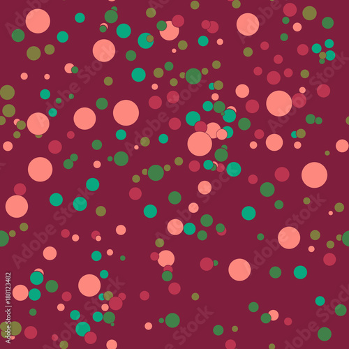 Colorful messy dots, background. Festive seamless pattern with round shapes. Grunge dotted texture for wrapping paper, web. Vector illustration.