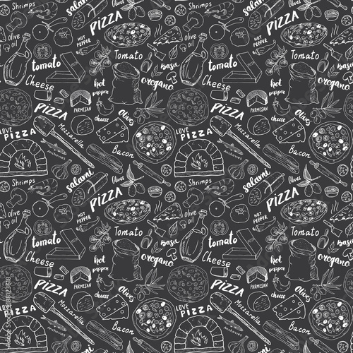 Pizza seamless pattern hand drawn sketch. Pizza Doodles Food background with flour and other food ingredients, oven and kitchen tools. Vector illustration