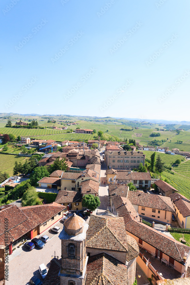 Barbaresco town aerial view, Langhe, Italy