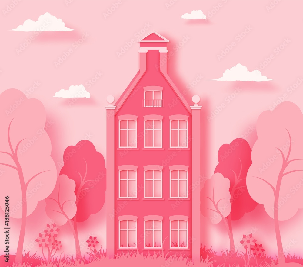 3d abstract paper cut illustration of pink paper art landscape with paper cut house, trees, flowers, grass ans sky.