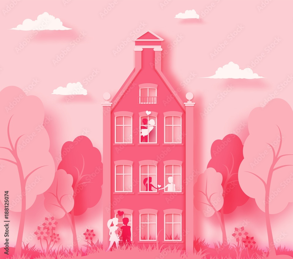 Happy Valentine's day 3d abstract paper cut illustration of pink paper art landscape with paper cut couple, house,