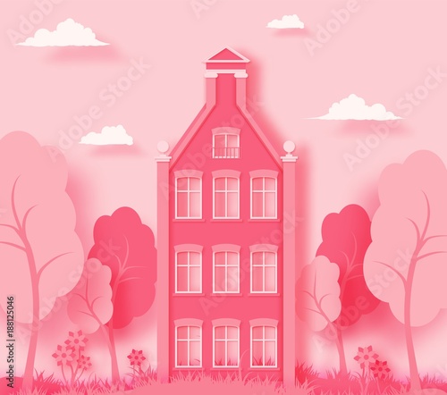 3d abstract paper cut illustration of pink paper art landscape with paper cut house, trees, flowers, grass ans sky.