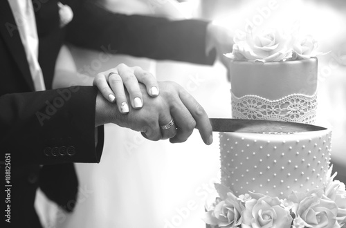 A bride and a groom is cutting their wedding cake. beautiful cake. nicel light. wedding concept. black and white photo  photo