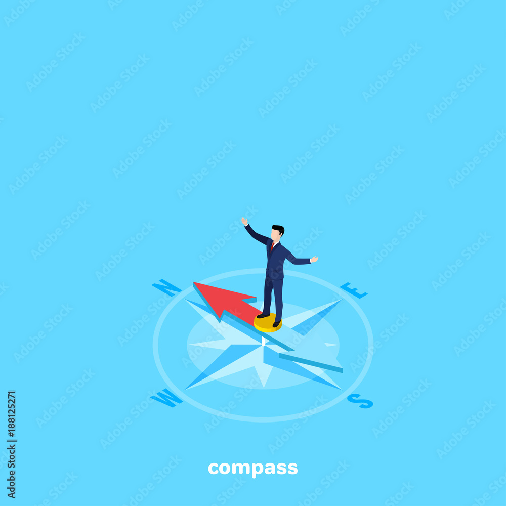 a man in a business suit stands on a compass needle, an isometric image