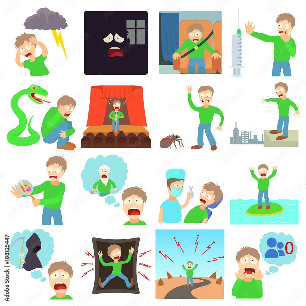 Phobias icons set human, cartoon style Phobias icons set human, cartoon style