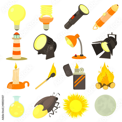Light source icons set, cartoon style
