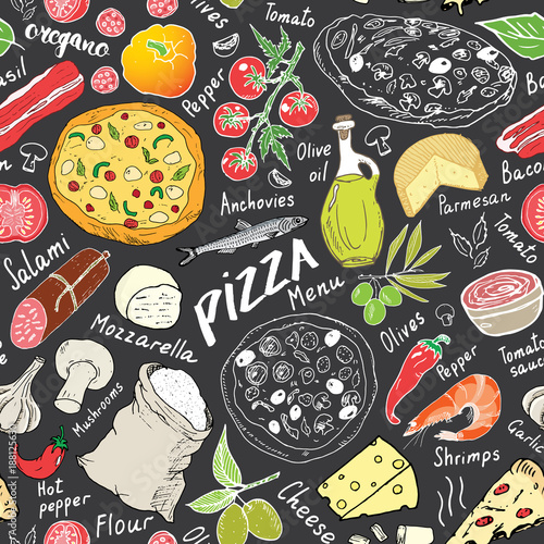 Dekoracja na wymiar  pizza-seamless-pattern-hand-drawn-sketch-pizza-doodles-food-background-with-flour-and-other-food-ingredients-oven-and-kitchen-tools-vector-illustration