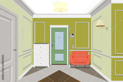 Modern green hallway with door. Dresser and sofa near wall. 3d render. Hallway illustration.