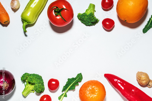 Assorted vegetables and fruits on white background. Flat lay. Food vegan concept.