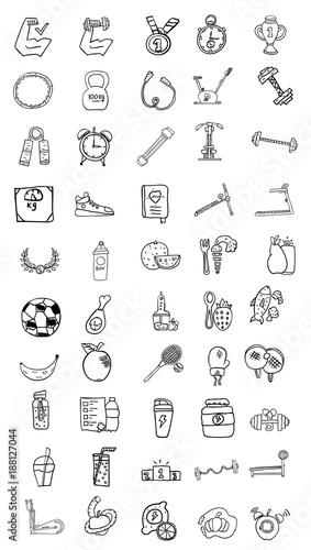 set of 50 icons  healthy lifestyle   fitness equipment  workout in the gym  healthy food  vector image  doodles style