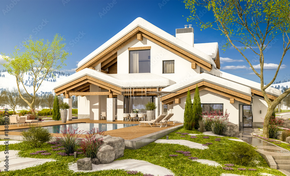 3d rendering of spring modern cozy house in chalet style 3d rendering of spring modern cozy house in chalet style