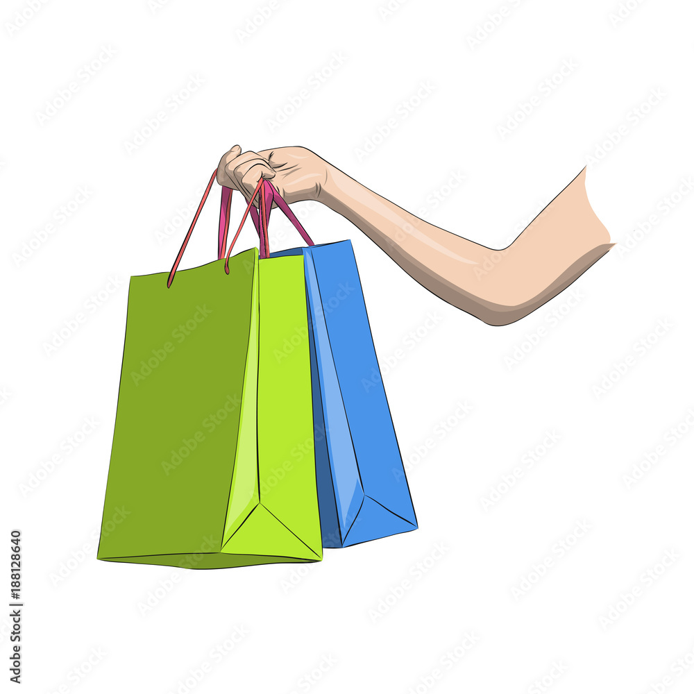 Papper shopping bags in woman's hand. Colorful isolated vector illustration